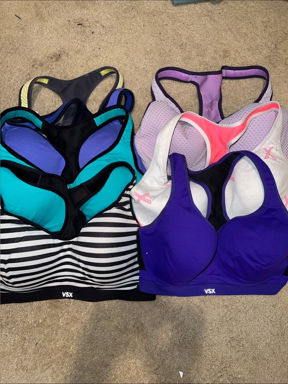 Victoria's Secret Sports Bra Bundle of 7 in Teal, Purple, Black, White/Pink